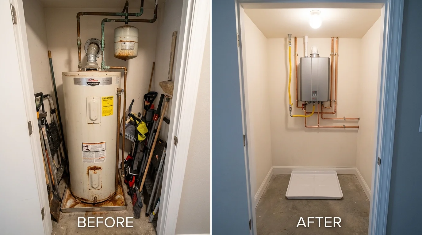 Tank water heater versus wall-mounted tankless unit comparison for Palm Desert, CA homeowners