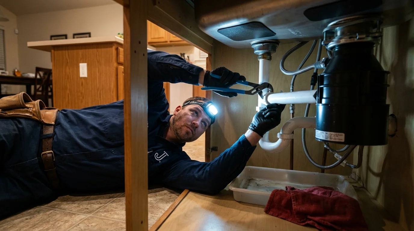 P-trap and supply line connections under a kitchen sink showing a common leak point in Palm Desert, CA